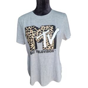 MTV Music Television Leopard Logo Graphic T-Shirt Gray Youth XL or Women's Small